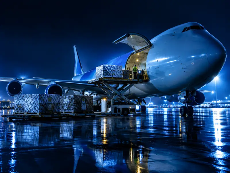 Frachtflugzeug wird nachts beladen