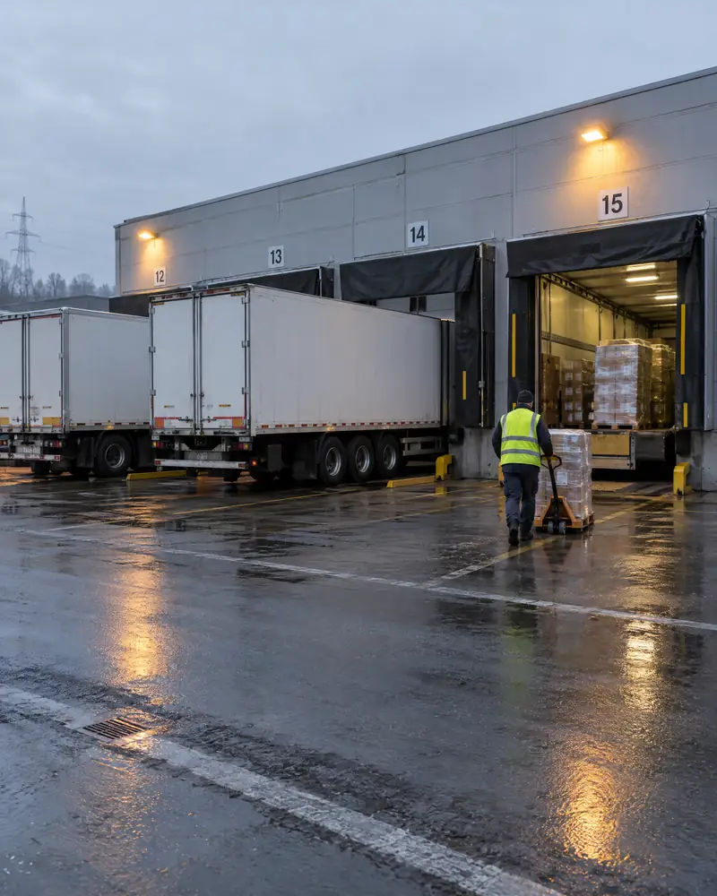 Laderampe eines Logistikzentrums am frühen Morgen