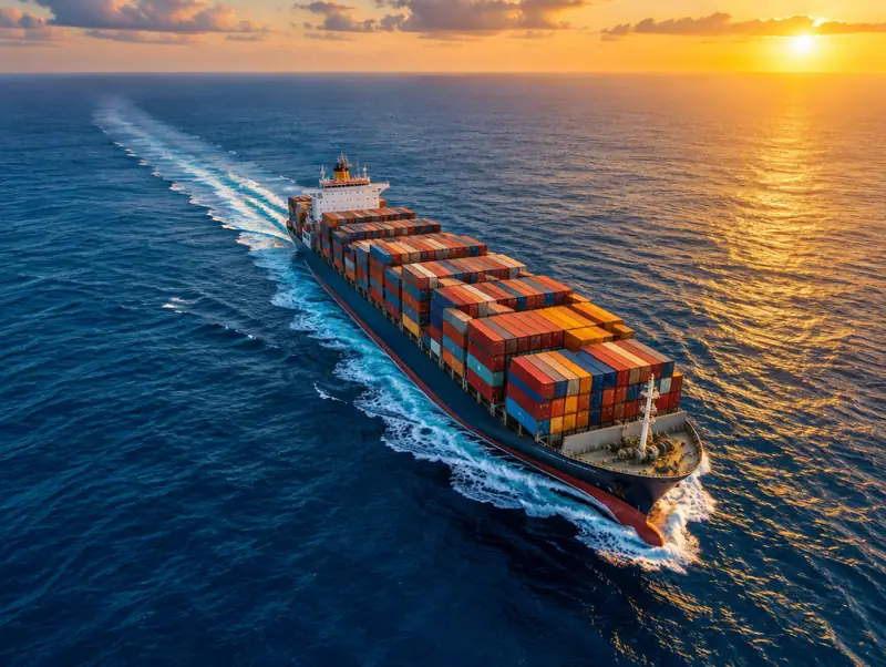 Containerschiff auf offener See aus der Vogelperspektive